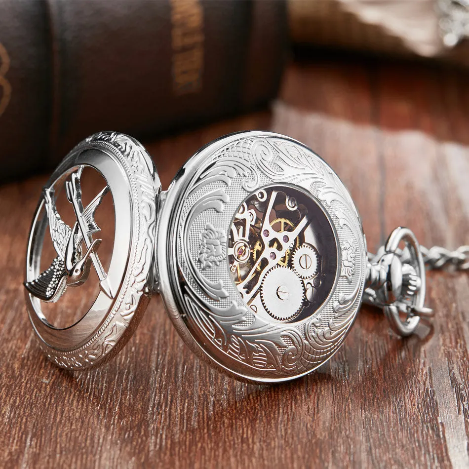 Unisex Retro Vintage Hollow the Hunger Games Mockingbird Pocket Watch