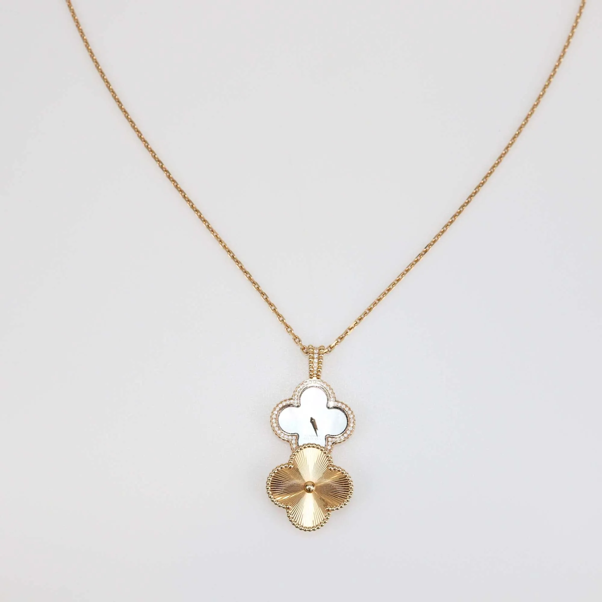 Van Cleef & Arpels 18K Rose Gold Diamond Alhambra Secret Quartz Pendant Watch