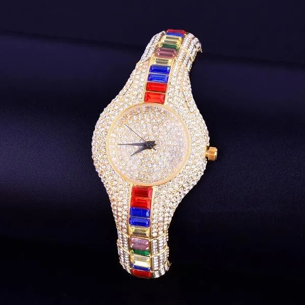 Women's Luxury Colourful Rhinestone Gold Dial Quartz Waterproof Watches