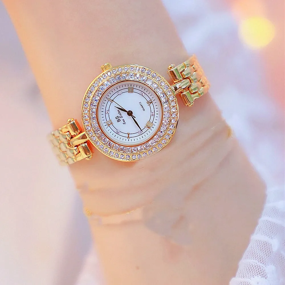 Women's Luxury Designer Golden Rose Silver Quartz Wristwatch